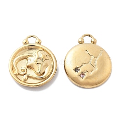 PVD Vacuum Plating 304 Stainless Steel Rhinestone Pendants, Flat Round with Constellations Charm, Real 18K Gold Plated, Virgo, 20.5x16.5x3.5mm, Hole: 2.5mm(STAS-R130-01G-09)