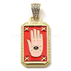 Rack Plating Alloy Enamel Pendants with Crystal Rhinestone Pendants, Rectangle Charms with Palm, Long-Lasting Plated, Lead Free & Cadmium Free, Golden, Red, 36x20.5x2.5mm, Hole: 9.5x5.3mm(PALLOY-K010-35G-01)
