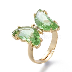 Adjustable Brass Glass Finger Rings, with Clear Cubic Zirconia, Butterfly, Golden, Dark Sea Green, Size 7, Inner Diameter: 17mm(RJEW-P148-A01-05)