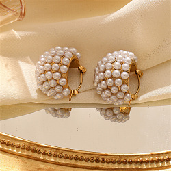 304 Stainless Steel & Plastic Pearls Hoop Earrings for Women, Golden, 23.5x22mm(EJEW-S236-03G)