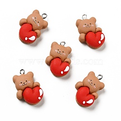 Opaque Resin Pendants, Bear with Heart Charm, with Platinum Tone Iron Loops, Red, 27x18.5x9mm, Hole: 2x2.5mm(X-RESI-G043-F01)