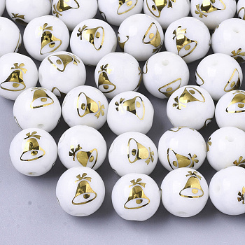 Christmas Opaque Glass Beads, Round with Electroplate Christmas Bell Pattern, Golden Plated, 10mm, Hole: 1.2mm