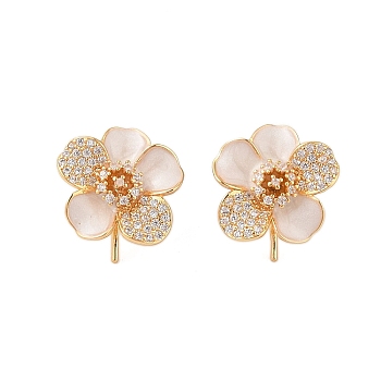 Brass Micro Pave Cubic Zirconia Stud Earrings Findings, with Enamel, for Half Drilled Beads, Flower, Real 18K Gold Plated, 17x16mm, Pin: 0.7x13.5mm