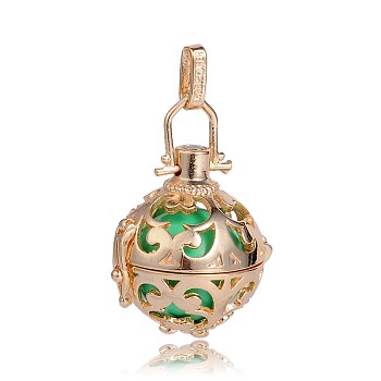 Golden Plated Brass Hollow Round Cage Pendants, with No Hole Spray Painted Brass Beads, Medium Spring Green, 34x25x20mm, Hole: 3x8mm