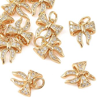 SHEGRACE Brass Micro Pave Clear Cubic Zirconia Charms, Bowknot Charms, Cadmium Free & Lead Free & Nickel Free, Real 18K Gold Plated, 11x10.5x3.5mm, Hole: 3mm
