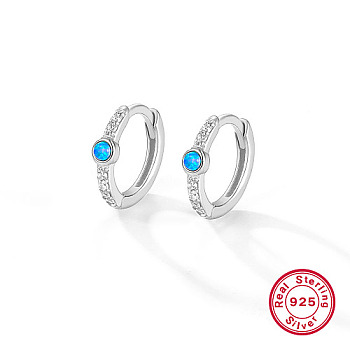 Rhodium Plated 925 Sterling Silver Micro Pave Cubic Zirconia Hoop Earrings for Women, with Synthetic Opal, Platinum, 11x8.4mm