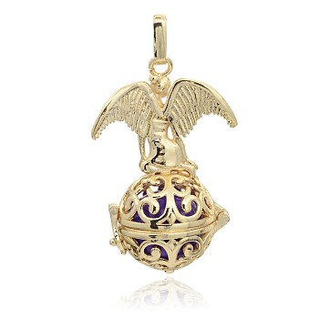 Golden Plated Brass Hollow Round Cage Pendants, with No Hole Spray Painted Brass Beads, Blue Violet, 46x30x20mm, Hole: 3x8mm