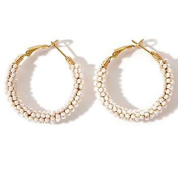 Sweet and Stylish Round Pearl Hoop Earrings for Women, Unique Design, Golden, 40x37mm