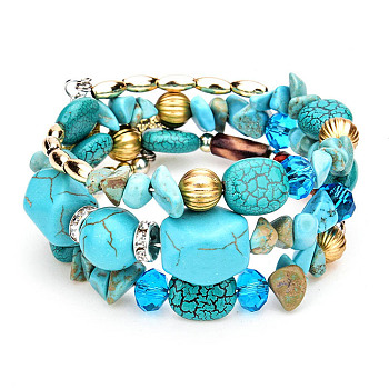 Alloy & Resin Beads Three Loops Wrap Style Bracelet, Bohemia Style Bracelet for Women, Turquoise, 7-1/8 inch(18cm)