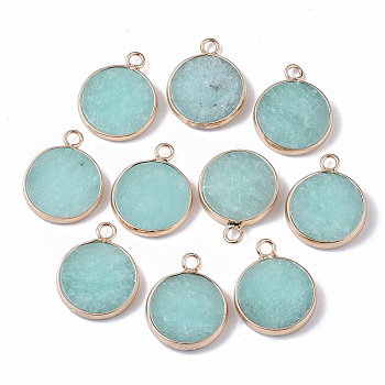 Natural White Jade Pendants, with Golden Tone Brass Open Back Bezel, Dyed, Flat Round, Pale Turquoise, 20.5x16.5x4mm, Hole: 2mm