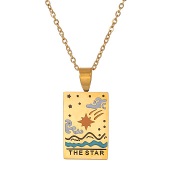 Titanium Steel Enamel Tarot Rectangle Pendant Necklaces, Stainless Steel Cable Chain Necklace for Women Men, THE STAR, Golden, 17.72 inch(45cm)