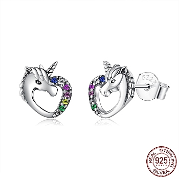 Rhodium Plated 925 Sterling Silver Stud Earrings, with Cubic Zirconia and Ear Nuts, Unicorn, Colorful, Platinum, 13x9x10mm
