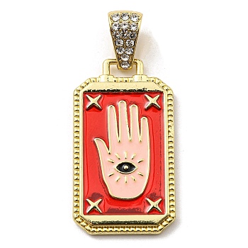 Rack Plating Alloy Enamel Pendants with Crystal Rhinestone Pendants, Rectangle Charms with Palm, Long-Lasting Plated, Lead Free & Cadmium Free, Golden, Red, 36x20.5x2.5mm, Hole: 9.5x5.3mm