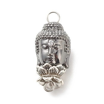 Brass Buddha Head Links Connectors, with Alloy Lotus Double Sided Bead Caps and 304 Stainless Steel Findings, Antique Silver, 23.5x12x11mm, Hole: 2.6mm