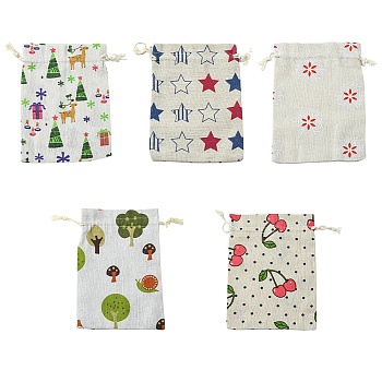 10Pcs 5 Styles Printed Polycotton(Polyester Cotton) Packing Pouches Drawstring Bags, Rectangle, Mixed Color, 18x13cm, 2pcs/style