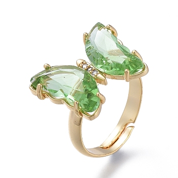 Adjustable Brass Glass Finger Rings, with Clear Cubic Zirconia, Butterfly, Golden, Dark Sea Green, Size 7, Inner Diameter: 17mm