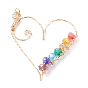 Wire Wrapped Glass Pendants, with Brass Findings, Heart, Light Gold, Colorful, 55x16x6mm, Hole: 3.5mm