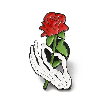 Skeleton Hand & Rose Enamel Pins, Black Zinc Alloy Brooches for Backpack Clothes, Halloween Theme, FireBrick, 32x16x1.5mm