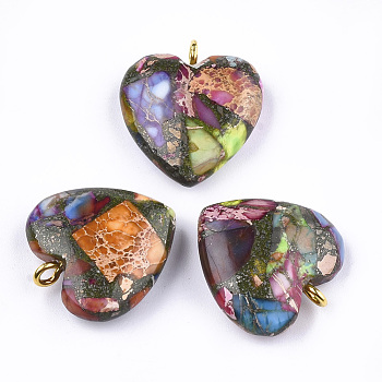 Synthetic Gold Line Regalite/Imperial Jasper/Sea Sediment Jasper Pendants, with Iron Findings, Heart, Golden, Colorful, 22x20.5x7mm, Hole: 2mm