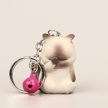 Cute Face Covering Cat Resin Pendant Keychain, with Random Color Bell Charms, Cartoon Doll for Bag Pendant Ornament, Old Lace, 10.2cm, Pendant: 5x2.9x3cm