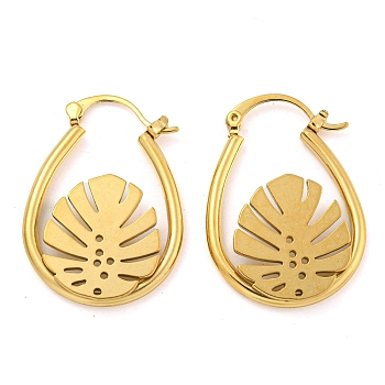 Ion Plating(IP) 304 Stainless Steel Earrings for Women, Leaf, Real 18K Gold Plated, 28x20x3mm
