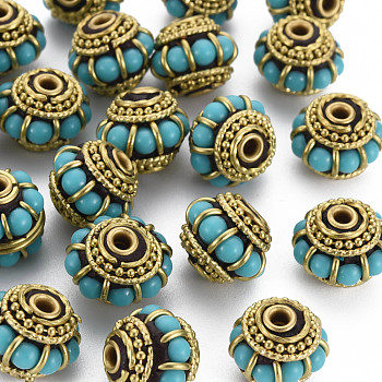 Handmade Indonesia Beads, with Brass Findings, Nickel Free,  Rondelle with Circle, Raw(Unplated), Medium Turquoise, 13x10mm, Hole: 2mm