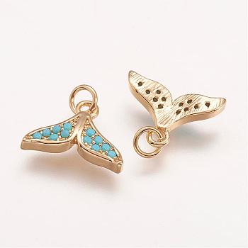 Brass Micro Pave Grade AAA Cubic Zirconia Charms, Whale Tail, Cadmium Free & Nickel Free & Lead Free, Real 18K Gold Plated, 9x13x3mm, Hole: 2mm