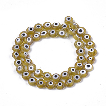 Handmade Evil Eye Lampwork Beads Strands, Flat Round, Dark Khaki, 7.5x3mm, Hole: 1mm, about 48pcs/strand, 13.7 inch~14.9 inch
