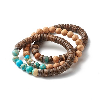 Wood Beads Stretch Bracelet Sets for Girl Women, Natural Coconut & Natural Imperial Jasper(Dyed) Beads Bracelets, Mixed Color, Inner Diameter: 2~2-1/8 inch(5.2~5.5cm), 3pcs/set