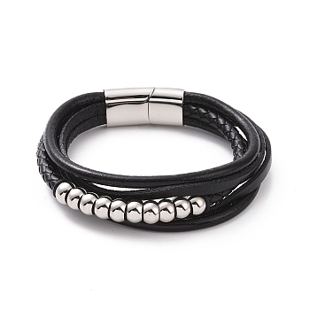 Black Leather Braided Cord Multi-strand Bracelet with 201 Stainless Steel Magnetic Clasps, Round Beaded Punk Wristband for Men Women, Stainless Steel Color, 8-1/2 inch(21.7cm)