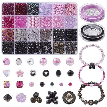 DIY Bracelet Making Kit, Including Acrylic & Plastic Beads, Elastic Thread, Rondelle & Bicone & Heart & Imitation Pearl & Flower & Bear, Purple, 1359Pcs/set