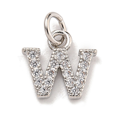 Platinum Clear Letter W Brass+Cubic Zirconia Charms