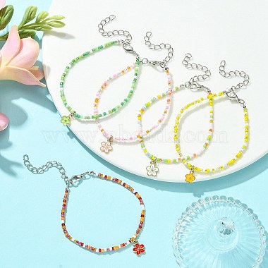 Alloy Flower Charm Bracelet with Glass Seed Bead Chains for Women(BJEW-JB09681)-5