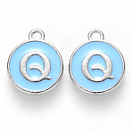 Platinum Plated Alloy Enamel Charms, Cadmium Free & Lead Free, Enamelled Sequins, Flat Round with Letter, Letter.Q, 14x12x2mm, Hole: 1.5mm(X-ENAM-S118-04Q-P)