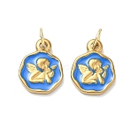 304 Stainless Steel Enamel Pendants, Flat Round with Angel Charms, Ion Plating(IP), Real 18K Gold Plated, 13x10x2mm, Hole: 4mm(STAS-K330-04G)