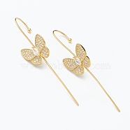 Brass Micro Pave Clear Cubic Zirconia Ear Wrap Crawler Hook Earrings, Butterfly, Real 18K Gold Plated, 56x13.5mm, Pin: 1mm(EJEW-J101-17G)