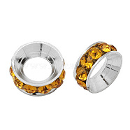 Brass Rhinestone Spacer Beads, Grade A, Rondelle, Silver Color Plated, Topaz, 10x4.2mm, Hole: 5.2~5.7mm(RB-A020-10mm-17S)