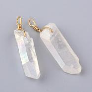 Electroplate Natural Quartz Crystal Pendants, Rock Crystal, with Brass Findings, Clear, 35~50x8~13x6~11mm, Hole: 3mm(G-Q481-74C)