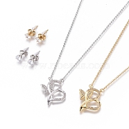 304 Stainless Steel Jewelry Sets, Brass Micro Pave Cubic Zirconia Pendant Necklaces and 304 Stainless Stud Earrings, with Plastic Ear Nuts/Earring Back, Heart with Butterfly, Clear, Golden & Stainless Steel Color, 18.11 inch(46cm), 1.5mm, 15x5.5mm, Pin: 0.7mm(SJEW-F214-08)