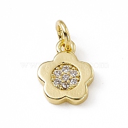 Brass Micro Pave Cubic Zirconia Charms, with Jump Rings, 5-Petal Flower Charm, Real 18K Gold Plated, 9.5x7.7x1.5mm, Hole: 3mm(ZIRC-F132-65G)