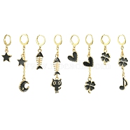 4 Set 4 Style Alloy Enamel Dangle Leverback Earrings Set, Asymmetrical Earrings, Moon & Star & Cat & Clover, Black, 29~67x8.5~14mm, 1 Set/style(EJEW-JE05654)