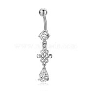 Piercing Jewelry, Brass Cubic Zirciona Navel Ring, Belly Rings, with 304 Stainless Steel Bar, Lead Free & Cadmium Free, Chinese Kont, Clear, 47mm, Pendant: 25.5x10mm, Bar: 14 Gauge(1.6mm), Bar Length: 3/8"(10mm)(AJEW-EE0006-67A-P)