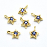 Brass Charms, with Cubic Zirconia, Lead Free & Cadmium Free & Nickel Free, Star, Blue, Real 18K Gold Plated, 11x7.5x4mm, Hole: 2mm(KK-P155-39G-03-NR)