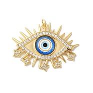 Rack Plating Brass Cubic Zirconia Pendants, with Glass, Cadmium Free & Lead Free, Long-Lasting Plated, Evil Eye, with Jump Ring, Royal Blue, 32x42x5.5mm, Hole: 3.5mm(KK-G504-22G-01)