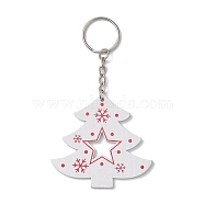 Christmas Wood Kechain, with Iron Split Key Rings, Christmas Tree, White, 11.5cm(KEYC-JKC00878-02)