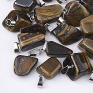 Natural Tiger Eye Pendants, with Stainless Steel Snap On Bails, Nuggets, 15~35x10~20x5~15mm, Hole: 3x7.5mm(G-Q996-15)