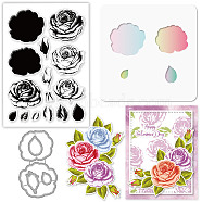 DIY Scrapbook Making Kits, including 1 Sheet PVC Plastic Stamp, 1Pc PET Hollow out Drawing Painting Stencils and 1Pc Carbon Steel Cutting Dies Stencils, Rose Pattern, Stamp: 16x11x0.3cm, Painting Stencils: 13x13cm, Cutting Dies Stencils: 9.1x5.3x0.08cm(DIY-GL0003-83)