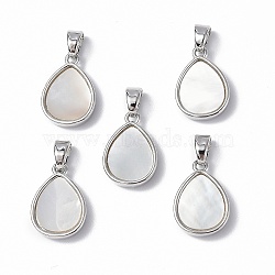 Brass Charms, with Freshwater Shell, Nickel Free, Teardrop Charm, Platinum, 14.5x10x3mm, Hole: 4.5x3mm(KK-R134-056P)