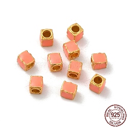 Matte Gold Color 925 Sterling Silver Beads, with Enamel, Square, Pink, 3x2.5x2.5mm, Hole: 1.4mm(STER-M113-23A-05MG)