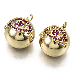 Brass Micro Pave Cubic Zirconia Pendants, with Jump Rings, Nickel Free, Round with Eye, Real 16K Gold Plated, Medium Violet Red, 15x14x12mm, Jump Ring: 5x0.7mm, Inner Diameter: 3mm(ZIRC-S067-112B-NF)